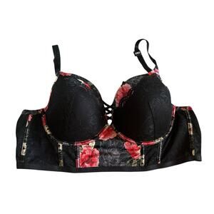 TORRID Curve Black Red Floral Skull Plus Size XO Plunge Push Up Bra Size 48B NWT